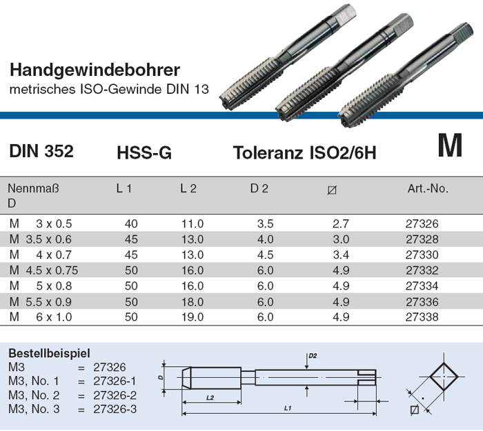 VÖLKEL Handgewindebohrer M 3 M 6, DIN 352, HSSG, je als Satz