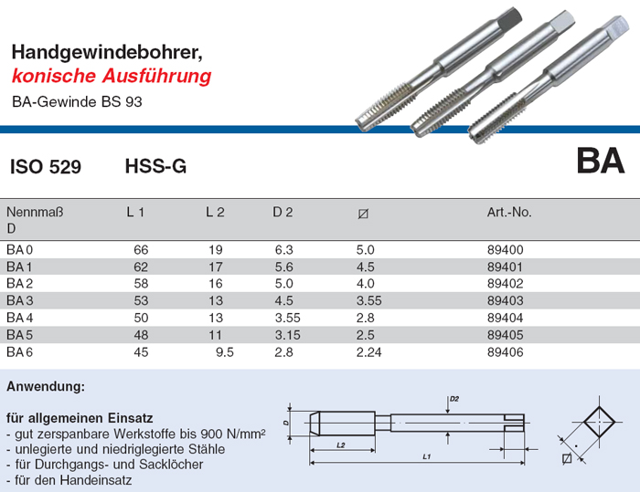 HSS-G ISO 529 konisch Handgewindebohrer je als Satz VÖLKEL BA 0-6