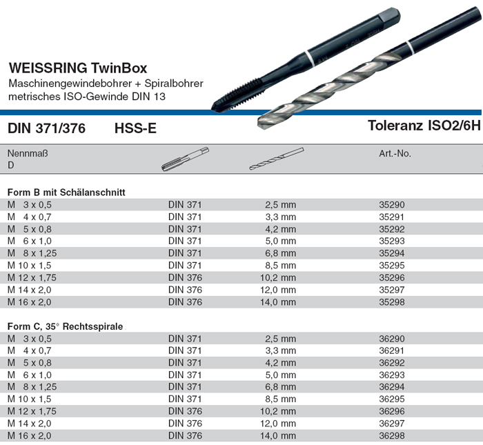 WEISSRINGMaschinengewindebohrer plus Spiralbohrer, M3M16