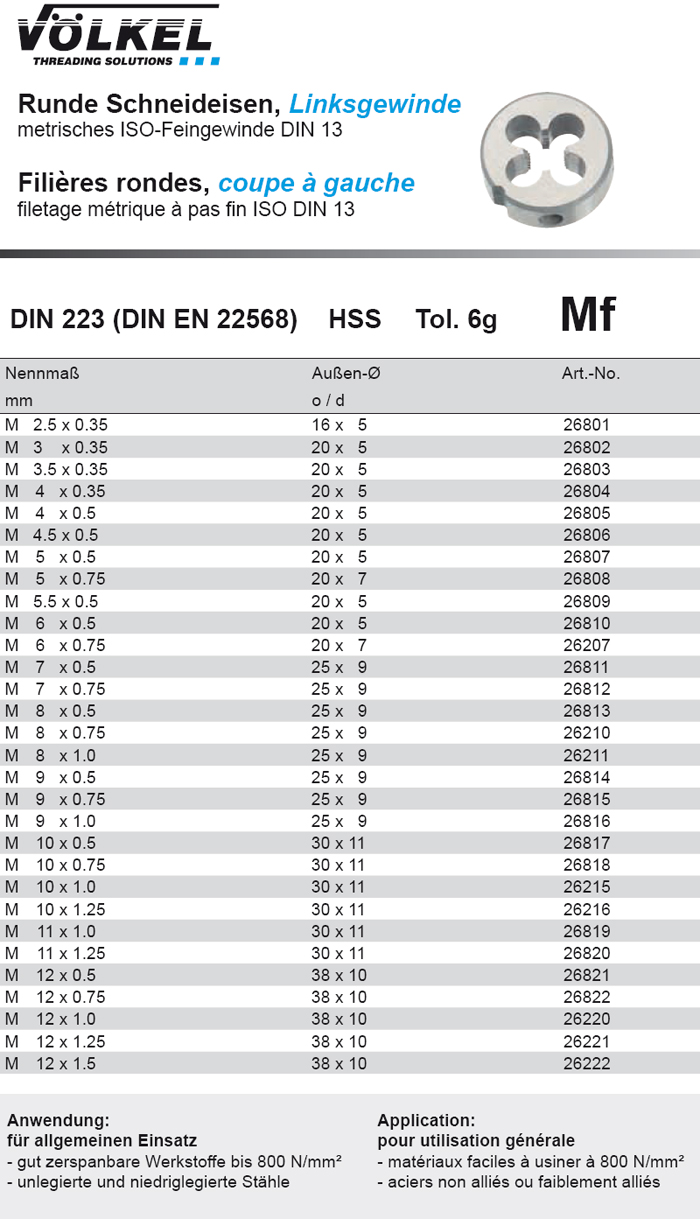 metrisches ISO Feingewinde HSS Runde Schneideisen VÖLKEL Mf 38-50