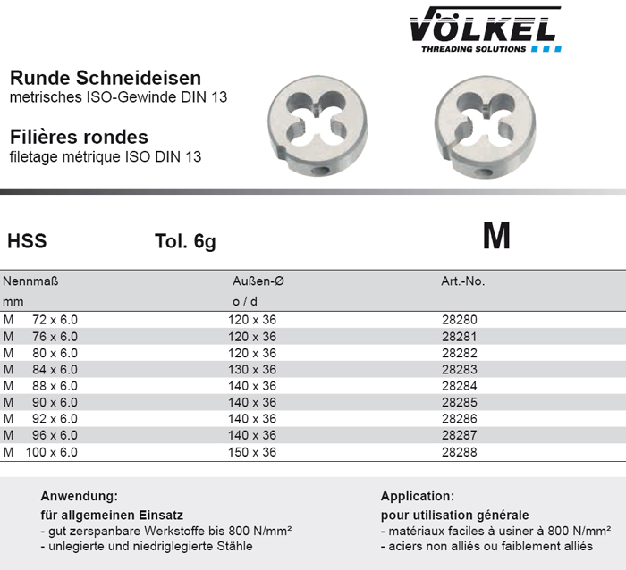 HSS Runde Schneideisen Mf 19 Linksgewinde VÖLKEL Mf 13 6g Tol ISO DIN 13